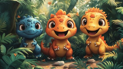 Three adorable baby dinosaurs in jungle.