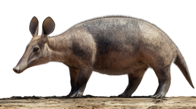 Aardvark Standing Tall: A solitary Aardvark stands confidently on a sandy ground, its long snout and large ears alert.