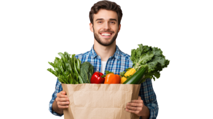 Happy Healthy Lifestyle: A cheerful young man proudly displays a paper bag brimming with fresh, vibrant vegetables, radiating health and vitality.  