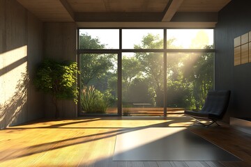 Modern minimalist living room with large windows. Concept of natural light and tranquility.