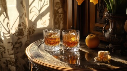 Naklejka premium Two glasses of whiskey with an orange and flowers on a table.