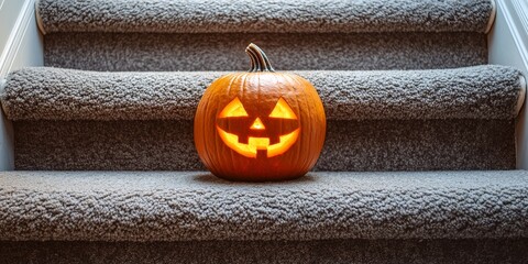 Halloween jack o lantern pumpkin displayed on a set of carpeted stairs, showcasing the festive spirit of Halloween with a charming and artistic pumpkin design for seasonal decor.