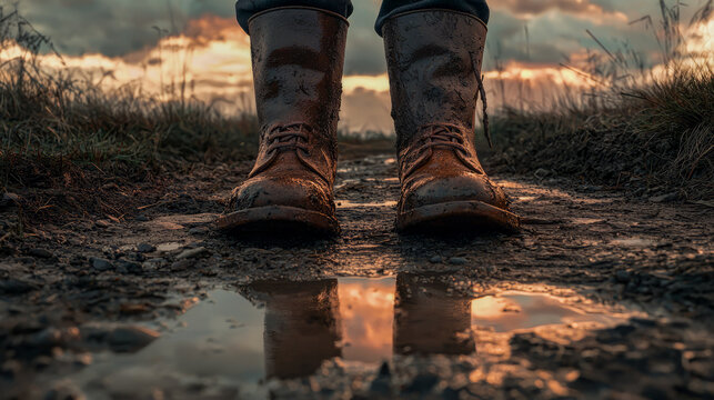 Mud-covered boots on rural path during sunset