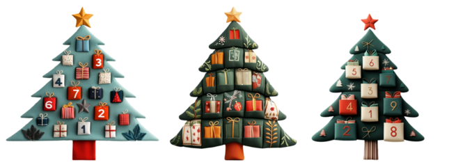 A decorative Christmas tree featuring numbered gift boxes, isolated on white background, symbolizing holiday cheer.