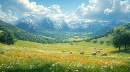 Obraz premium Here's a 10-word description of the image: Serene mountain valley,