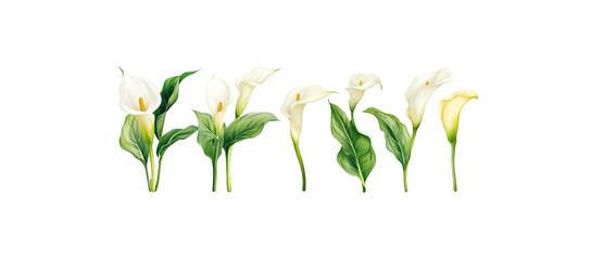 Calla lily flowers in different positions, vector illustration with white background.