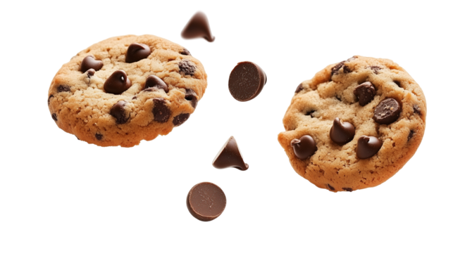 Falling chocolate chip cookies isolated on transparent background, png
