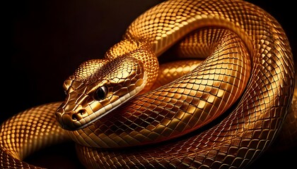 Fototapeta premium Golden snake on black background and highlighting shiny scales, elegant curves and symbolizing mystery and allure