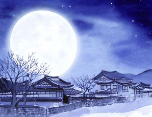 Naklejka premium 정월대보름 보름달이 뜬 한옥 풍경