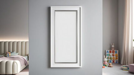 Empty vertical picture frame on gray wall in modern child room. Mock up interior in contemporary, scandinavian style. Free, copy space for picture. Bed, toys. Cozy room for kids. 3D rendering