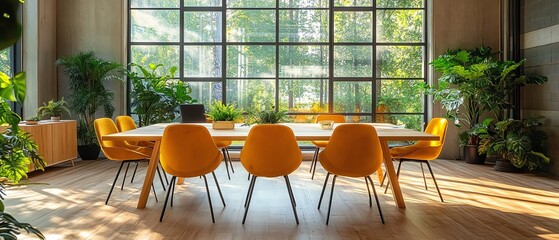 Sustainable office meeting room with wooden table and chairs, green decor, eco workspace fostering greater productivity and collaboration