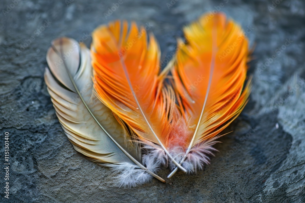 Poster three vibrant orange and beige feathers lie on a dark gray textured surface, creating a striking con