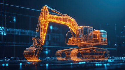 3D holographic model of an excavator in a digital environment.