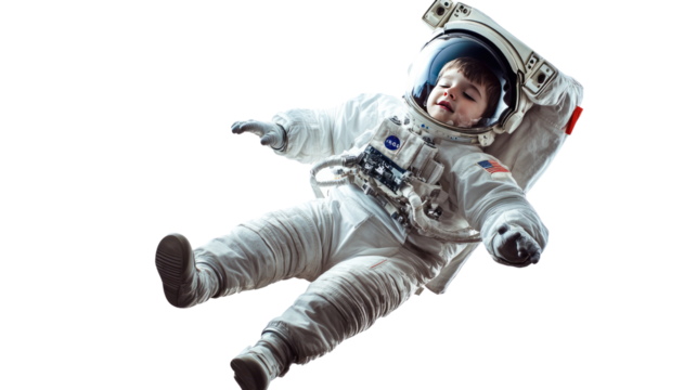 Little Astronaut in Space: A child floats weightlessly in a spacesuit, gazing towards the camera with a mix of wonder and determination.