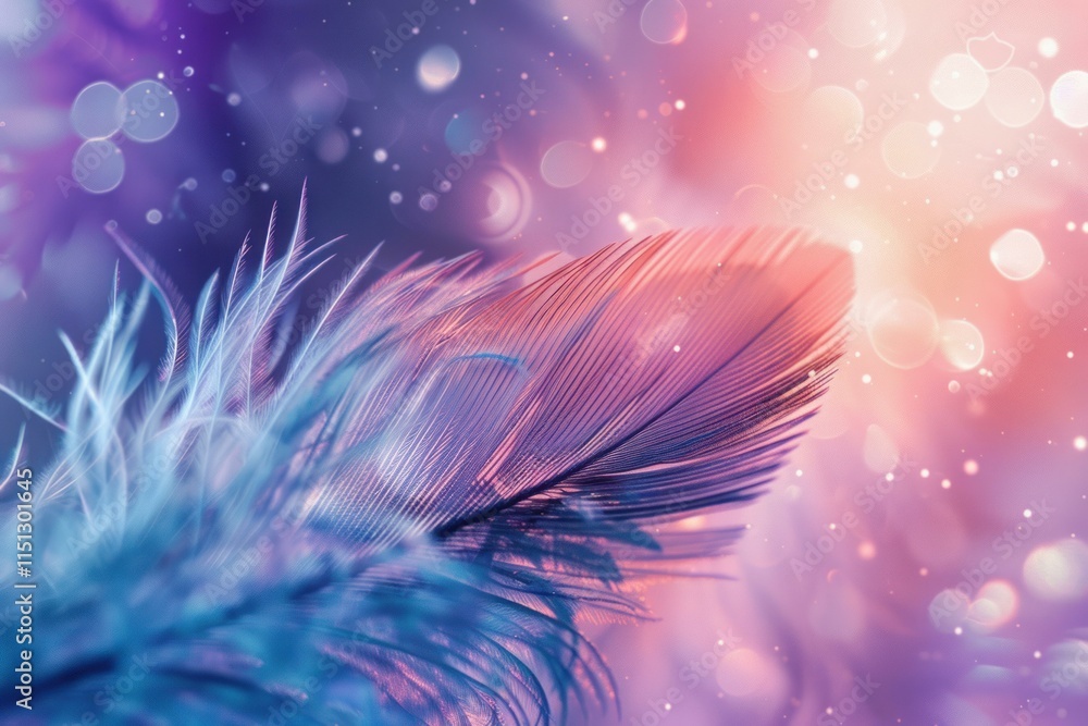 Poster close up of a colorful feather with a soft, dreamy bokeh background creating a magical and ethereal 