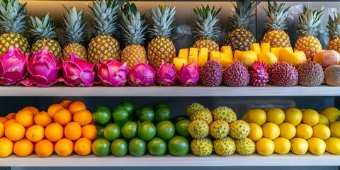 Assorted exotic fruits expertly arranged and showcased on a shelf, featuring mangoes, pineapples, dragon fruits, and papayas, promoting a healthy lifestyle through vibrant exotic fruits.
