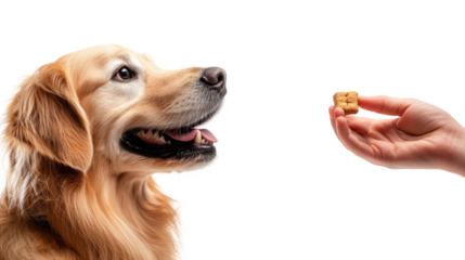 Golden Retriever Anticipation: A golden retriever with a playful grin gazes up at a hand holding a treat, capturing the pure joy and anticipation of a dog expecting a reward.  