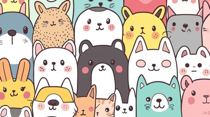 An assortment of charming animal faces in kawaii design suitable for kids' designs.