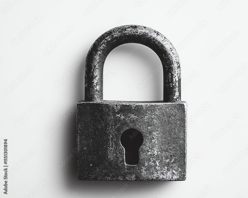 Poster white background featuring a metal padlock with copy space, representing the core concepts of securi