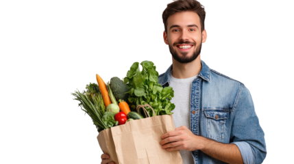 Happy Healthy Lifestyle: A smiling man proudly displays a paper bag overflowing with fresh, vibrant vegetables.  A picture of healthy eating and well-being. 