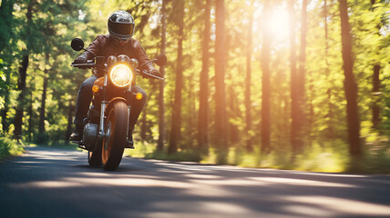 riding a motor during summer in the forest during mid-day with a profile angle 