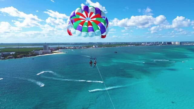 drone shot flying very close to a parachute on a sunny day with beautiful transparent and vivid blue water in cancun quintana roo
