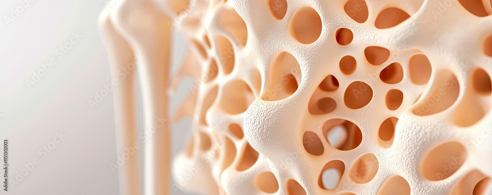Poster osteoporosis disease idea. close-up view of a bone structure highlighting its porous texture and uni