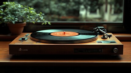 Wooden turntable plays vinyl record.