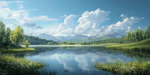 Scenic view across tranquil lakes, showcasing a picturesque landscape during summer. This stunning view of lakes highlights the beauty of nature in summer, perfect for showcasing serene lake imagery.