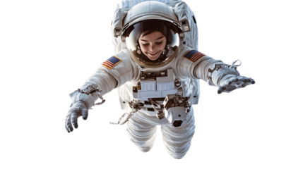 Astronaut in Space:  A female astronaut floats weightlessly in the vastness of space, her expression filled with wonder and exhilaration.  The image captures the thrill and awe of space exploration.