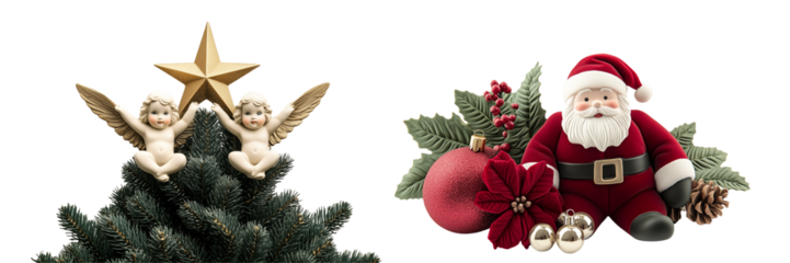 A cheerful Santa Claus surrounded by ornaments and foliage isolated on white background, celebrating the holiday spirit.