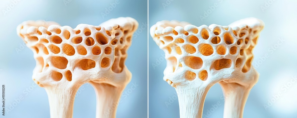 Poster osteoporosis disease idea. close-up of bone structure showing intricate porous design in soft focuse