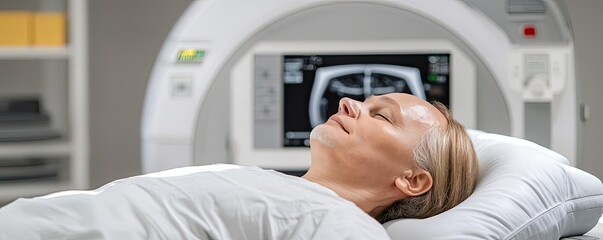 Obraz premium Osteoporosis disease idea. Patient undergoing a CT scan in a modern medical facility.