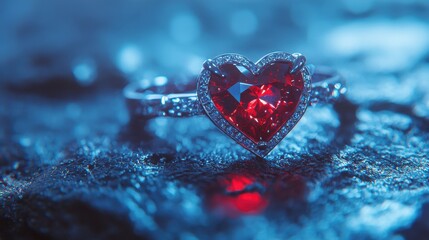 Heart-Shaped Red Gemstone Ring with Diamonds on a Textured Surface in Soft Blue Light