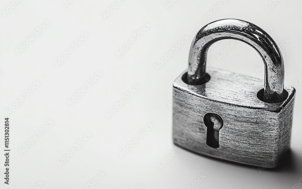 Poster concept of security with a metal padlock on a white background, ample copy space to symbolize protec