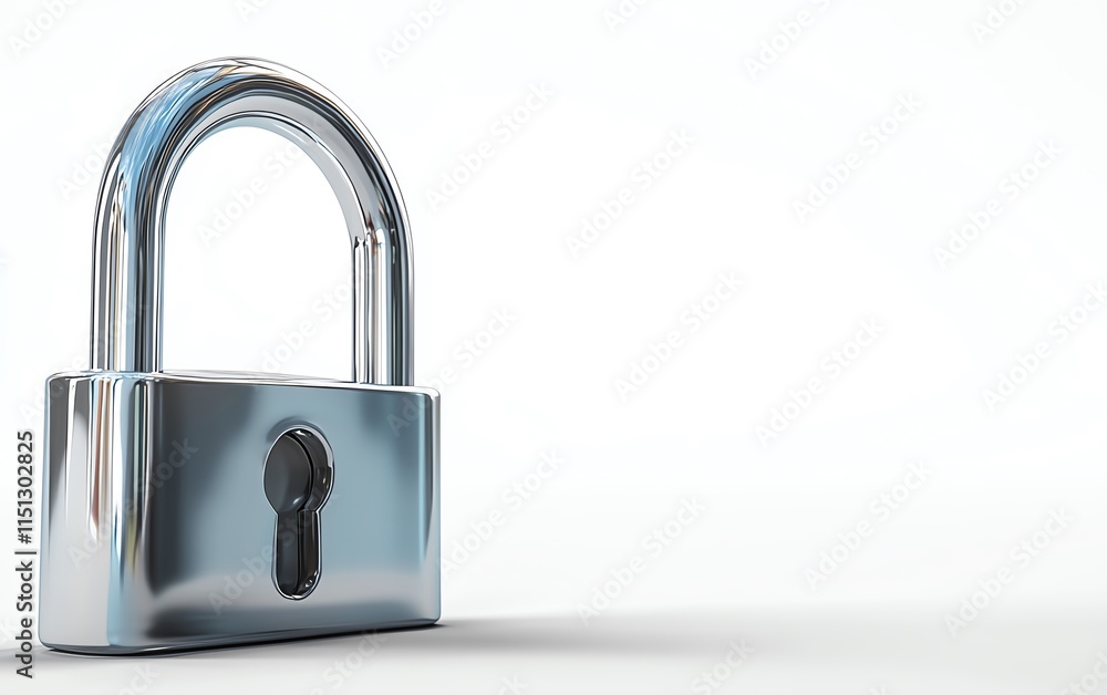 Poster concept of security with a metal padlock on a white background, ample copy space to symbolize protec