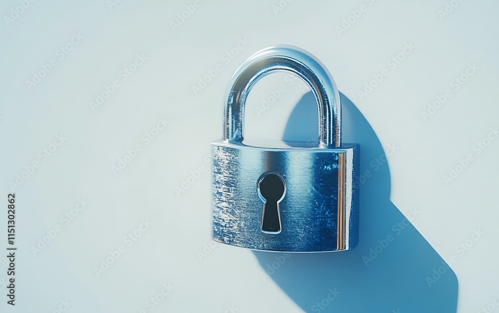Poster concept of security with a metal padlock on a white background, ample copy space to symbolize protec