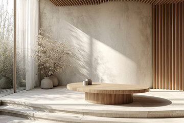 Wooden Podium for Product Presentation with Leafs Plants