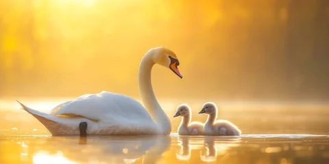 Selbstklebende Fototapeten Mute swan interacting playfully with baby swans under the warm glow of golden hour light on the tranquil lake, showcasing the beauty of swan family moments in nature. © Mehemmed