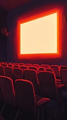 Obraz premium People in the cinema auditorium with Cinema blank wide screen and red chairs in the cinema hall,People silhouettes watching movie performance,empty white screen,space for text,copy space.