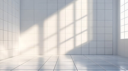 Bright empty room with sunlight casting shadows on white walls and floor at midday