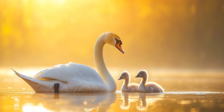 Mute swan interacting playfully with baby swans under the warm glow of golden hour light on the tranquil lake, showcasing the beauty of swan family moments in nature.