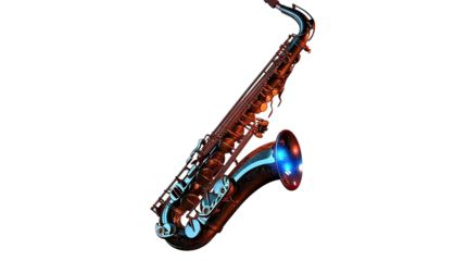 Saxophone Rhapsody: A vibrant, stylized alto saxophone takes center stage, its gleaming metallic body radiating energy and musical passion. The cool blue and warm red accents add a touch of magic.