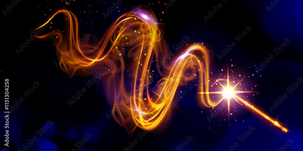 Aufkleber magic wand creating luminous glowing effect with sparkling golden trails. mystical light streams for