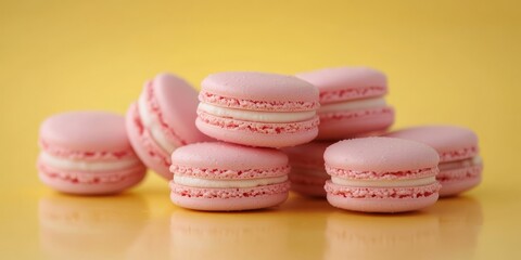 Delicate French macarons in soft pink hues set against a vibrant yellow backdrop create a visually stunning contrast, highlighting the beauty of these delightful treats.