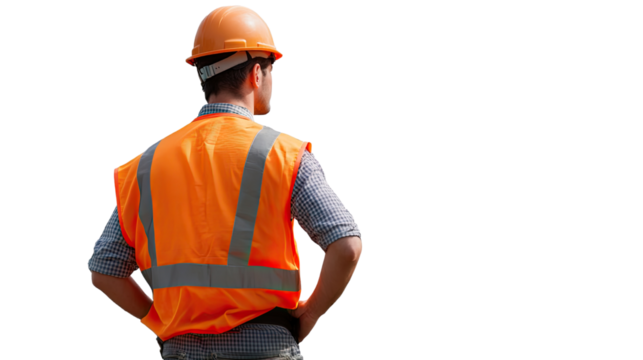 Construction Worker: A confident construction worker in a bright orange vest and hardhat stands tall, hands on hips, gazing towards a bright future.