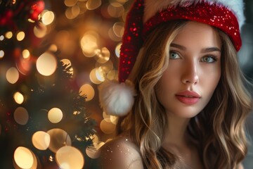 Portrait of attractive young woman with christmas hat posing near decorated christmas tree with warm lights