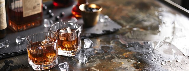 Whiskey Glasses and Bottle on Reflective Surface