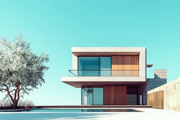 Modern House with Pool and Tree. Contemporary Architecture, Minimalist Design.
