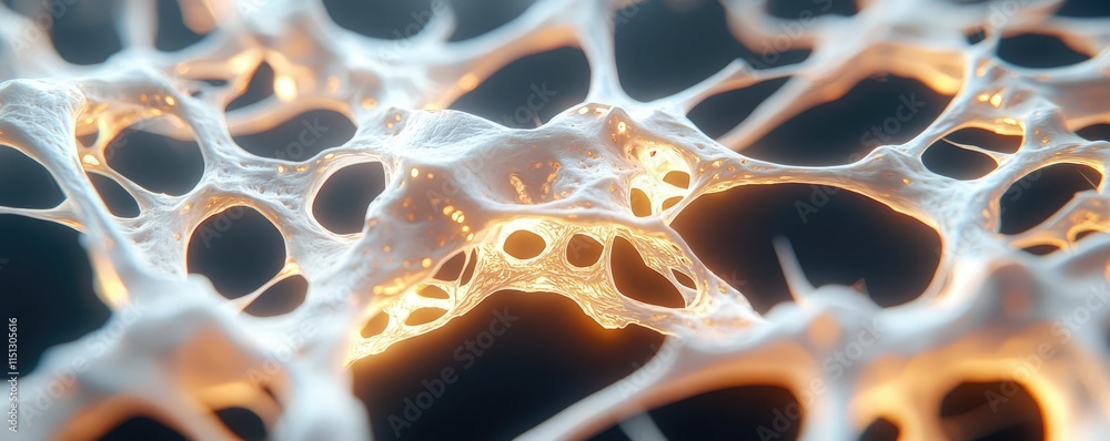 Poster osteoporosis disease idea. a detailed macro shot of illuminated cellular structures showcasing intri
